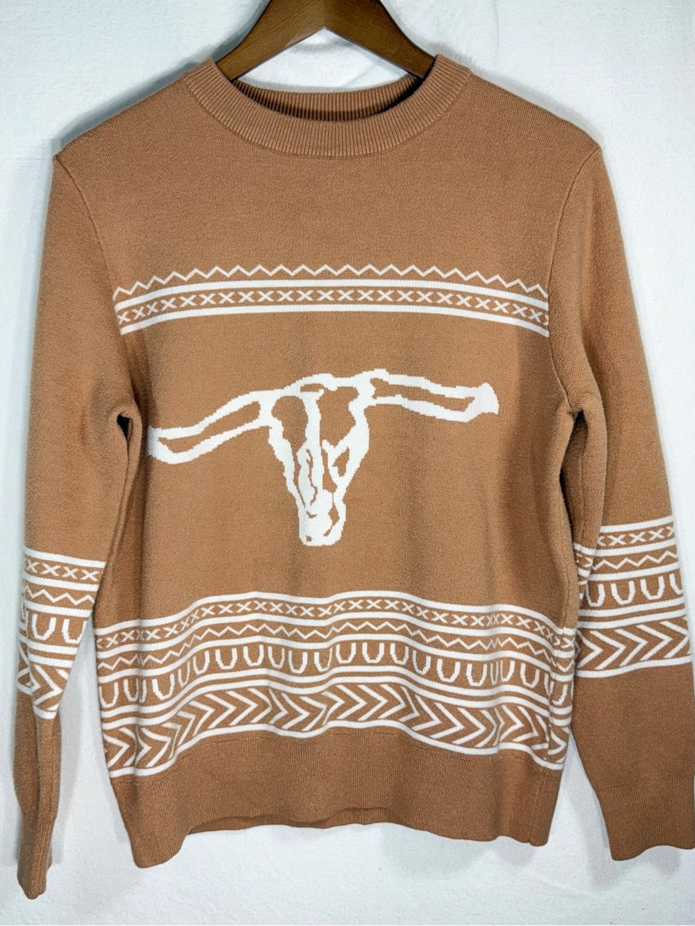 Western Bull Skull Sweater Aztec Geometric Brown Tan Crewneck Pullover